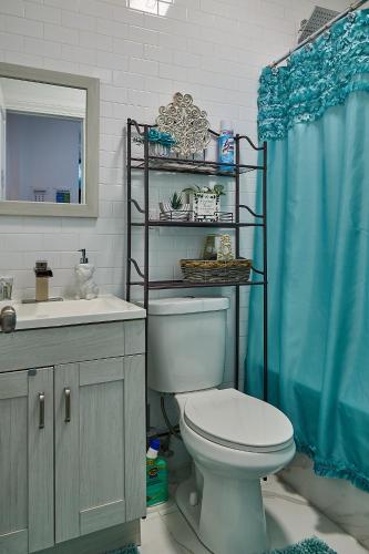 a bathroom with a toilet and a blue shower curtain at Top Floor with Skylight Brooklyn in Brooklyn