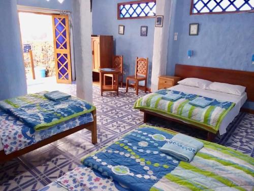 Un dormitorio con dos camas y una mesa y una silla. en Penguin Hostel, en Puerto Ayora