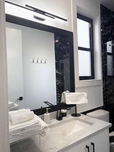 a bathroom with a sink and a large mirror at Bird Nest Suites in Surrey
