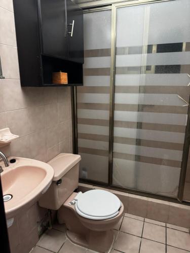 een badkamer met een toilet, een wastafel en een douche bij Habitación en Depto chic compartido in Villahermosa
