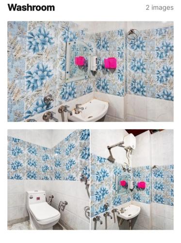 two pictures of a bathroom with blue and white tiles at Hotel Royal Vista in Meerut