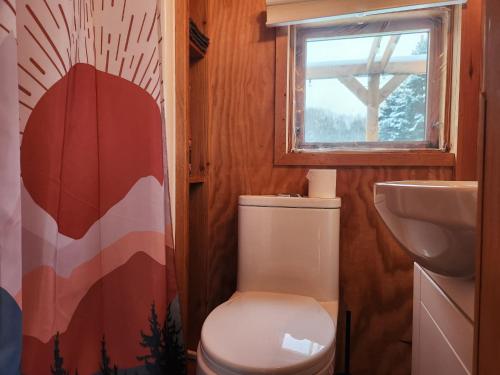 een badkamer met toilet, wastafel en raam bij Chalet Beausite in Saint-Philémon