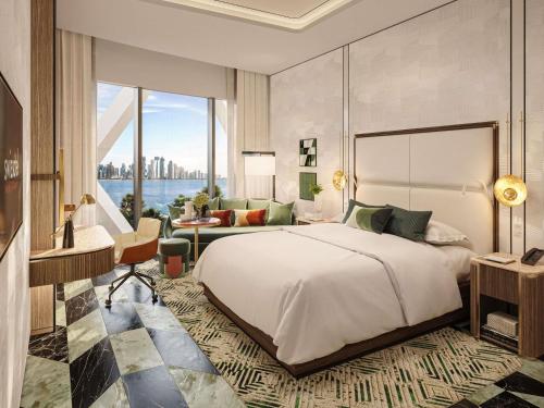 a bedroom with a large bed and a living room at Swissôtel Corniche Park Towers Doha in Doha