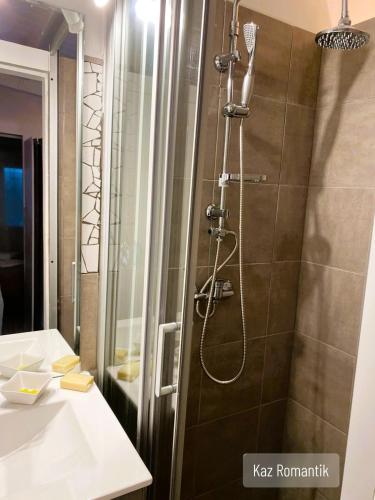 a bathroom with a shower with a glass door at Gîtes Kaz Tchò in Sainte-Anne