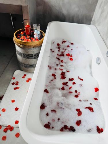 a white bath tub filled with blood in a bathroom at Bras boutique in Steelpoort