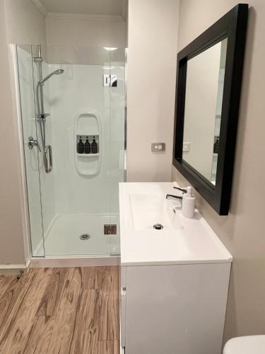 a bathroom with a white sink and a shower at Studio 18 Cardrona in Cardrona