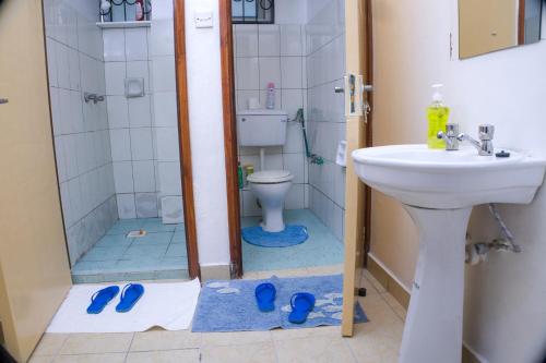 a bathroom with a shower and a sink and a toilet at Alpha Homes in Mombasa