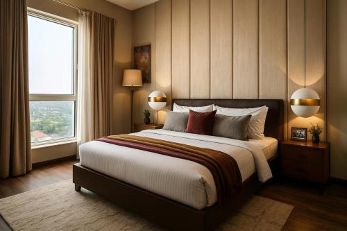 a bedroom with a large bed and a large window at Elysium Tower Premium Serviced Apartments Facing Centaurus Mall Islamabad in Islamabad