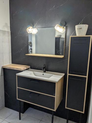 a bathroom with a sink and a mirror at Appartement dans haras in Saint-André-le-Puy