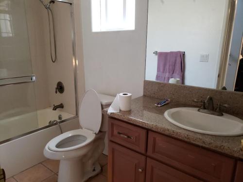 Un baño con inodoro, lavabo y espejo. en Spacious home near LAX, en Hawthorne