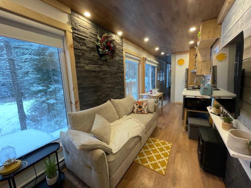 a living room with a couch in a tiny house at Spa & River view - Le Conteneur Cache in Saint-Just-de-Bretenières