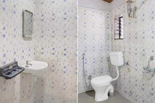 Hotel O Malavli Lonavala في لونافالا: صورتين لحمام به مرحاض ومغسلة