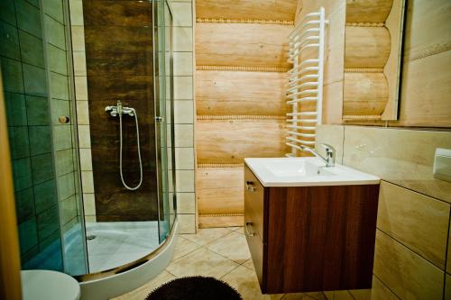 a bathroom with a sink and a shower at Domki Prokop in Ciche