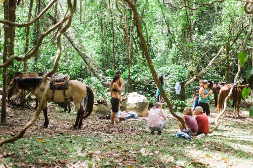 a group of people in the woods with a horse at Omega Tours Eco-Jungle Lodge in La Ceiba