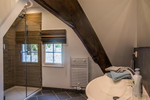 ein Bad mit einer Dusche, einem WC und einem Waschbecken in der Unterkunft Haus Wunschlos Kirchstraße in Monschau