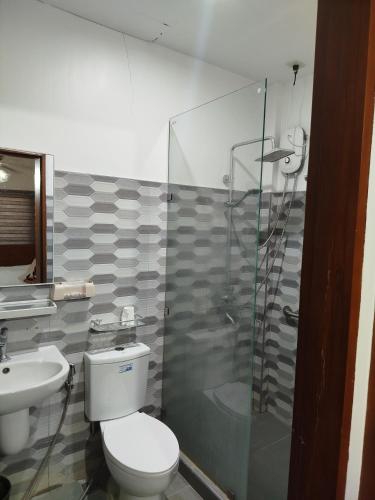 a bathroom with a toilet and a shower and a sink at Matthew's Tranquil Homestay in General Luna