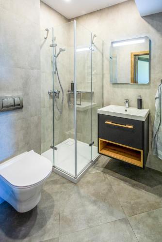 a bathroom with a shower and a toilet and a sink at Apartament Widokowy Karpacz in Karpacz