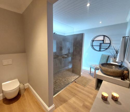 un bagno con doccia, lavandino e WC di Salt & Soul a Herolds Bay