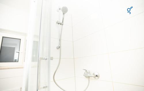 a shower with a shower head in a bathroom at BEGE APARTMENTS LightHaus in Holzwickede