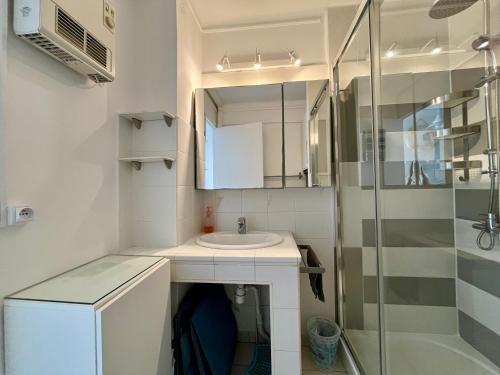 a small bathroom with a sink and a mirror at Palhawai - Appartement 2 chambres avec terrasse, parking et vue mer panoramique in Palavas-les-Flots