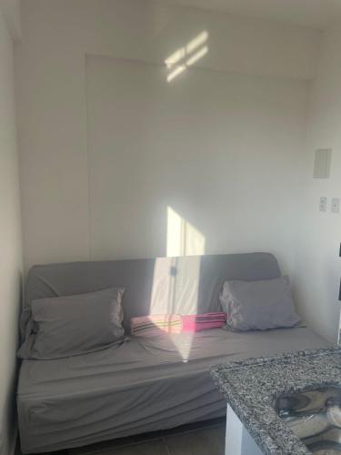 Flat 2 ao lado da UFSJ e Igreja São Francisco في ساو جواو ديل ري: أريكة للجلوس في غرفة مع وسادتين