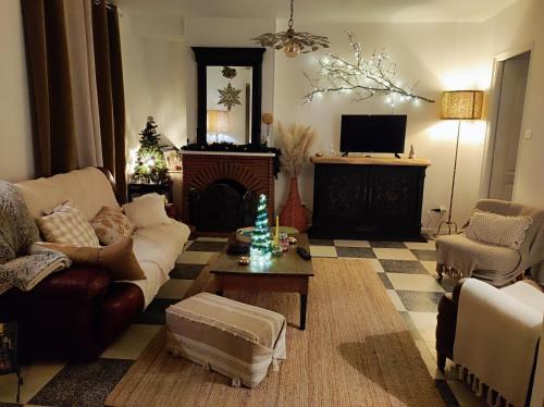 Una sala de estar con un sofá y una chimenea. en Gîte en Sologne, en Vouzon