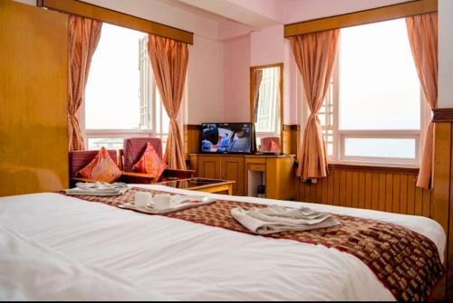 ガントクにあるDoma Residencyのベッドとテレビがあるホテルの部屋