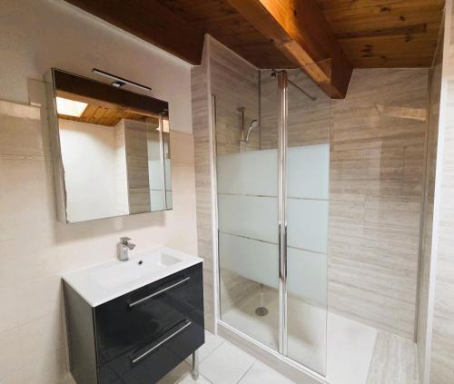 een badkamer met een wastafel en een douche bij Maison Trémiere in La Flotte