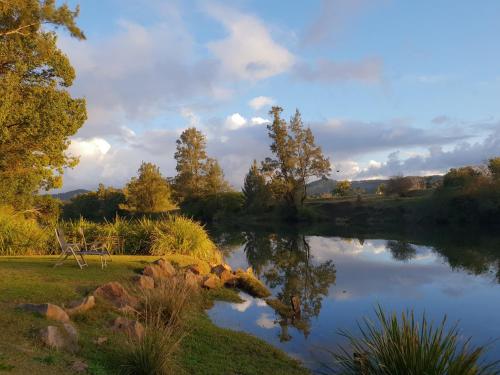 a view of a pond with trees and a bridge at Bellingen Riverside Cottages in Bellingen