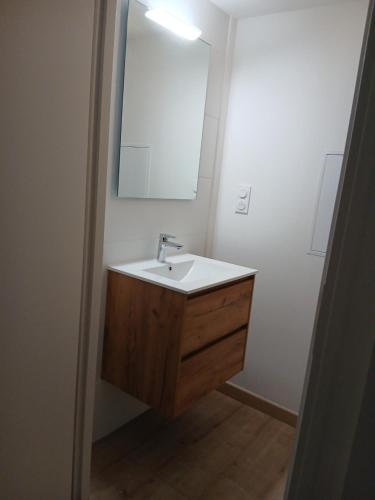 L'Amandier في Saint-Martin-sur-le-Chambre: حمام مزود بحوض ومِرآة
