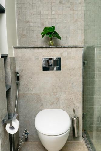 a bathroom with a toilet and a plant on the wall at Fontis Residences Hotel in Kampala