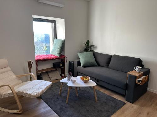 a living room with a couch and a table at Maison avec jardin, wifi, parking, vidéo projecteur in Tulle