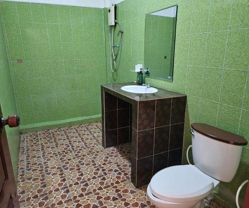a bathroom with a toilet and a sink and a mirror at west water hostel in Vang Vieng