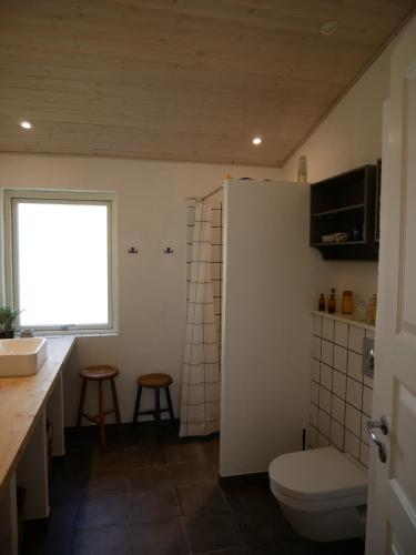 a bathroom with a toilet and a sink and a window at Summerhouse in Ulvshale, Møn in Stege