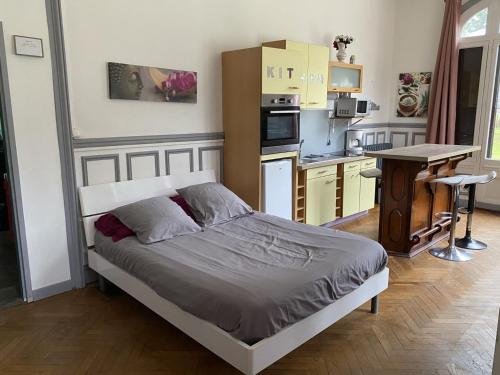 Chateau Gruchet Le Valasse في Gruchet-le-Valasse: غرفة نوم بها سرير وطاولة ومطبخ