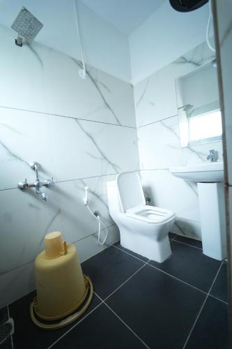 迈索尔Nandan Residency的带马桶和水槽的白色浴室