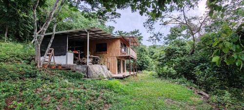 a wooden house in the middle of a forest at Teak house in a forest above the beach 