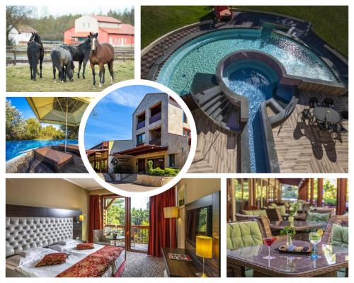 a collage of pictures of a house with a pool at Erdőspuszta Club Hotel Fenyves in Debrecen
