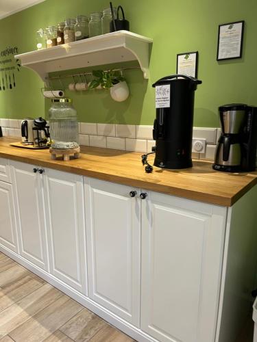 Una cocina con gabinetes blancos y encimera. en Clos du Régrillon, en Pélussin