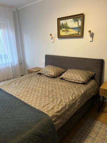 a bedroom with a bed and a picture on the wall at BrightNest in Ventspils