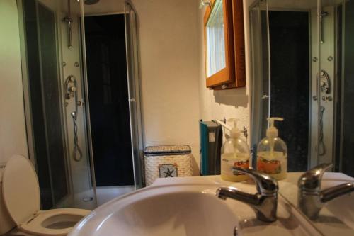 Koupelna v ubytování Your pink house with blue shutters