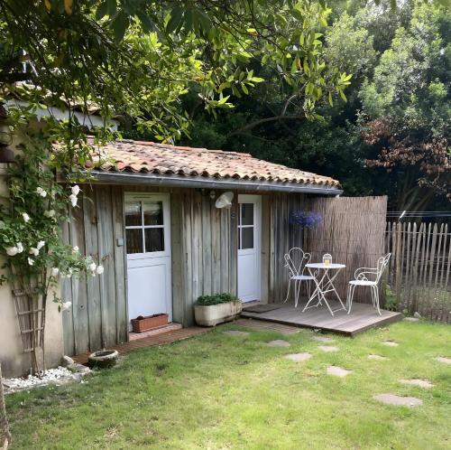 ein kleiner Schuppen mit einem Tisch und Stühlen im Hof in der Unterkunft Le Clos Du Gorion - Chambre d'Hôte in Montussan