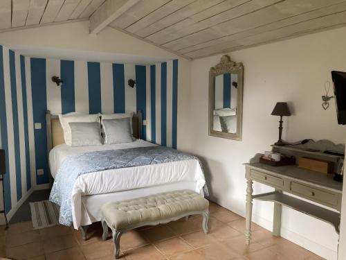 Schlafzimmer mit einem Bett mit blauen und weißen Streifen in der Unterkunft Le Clos Du Gorion - Chambre d'Hôte in Montussan