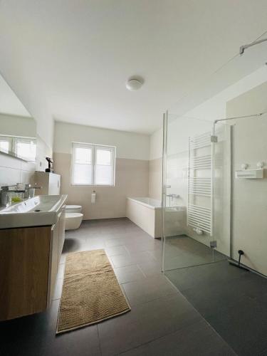 a bathroom with a shower and a sink and a tub at Exklusive Haushälfte zentrumsnah in Magdeburg