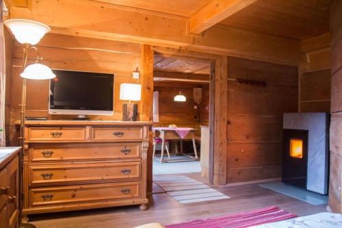 uma sala de estar com uma TV e uma cômoda com uma televisão em Kuschelhütte em Neukirchen