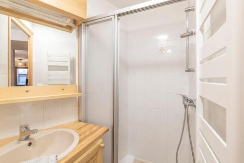 ein Badezimmer mit Dusche und Waschbecken in der Unterkunft Samoëns à Pied – Appt 4 pers in Samoëns