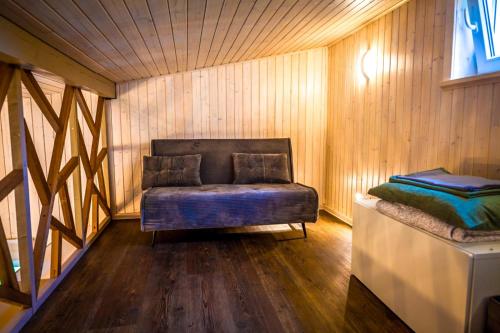 a small room with a couch in a cabin at HOLIDAY CABIN 'CRANE' with a private hot-tub and sauna extra fee in Avotkalni