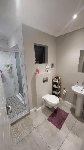 a bathroom with a shower and a toilet and a sink at The best uptown experience in the windy city in Gqeberha