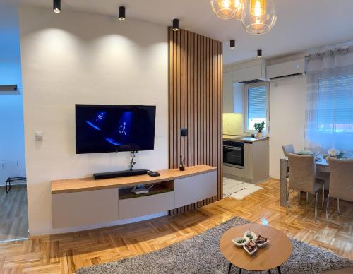 a living room with a flat screen tv on a wall at APARTMAN ANASTASIJA i DANKA in Pirot