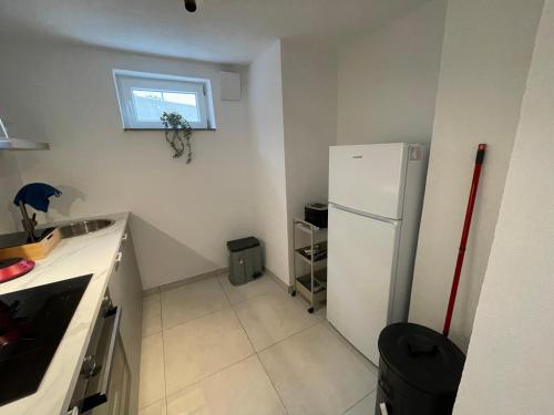 a kitchen with a white refrigerator and a window at Premium-Apartment, 4 Betten, Nahe Ulm für Familien und Gruppen,Hund in Blaustein